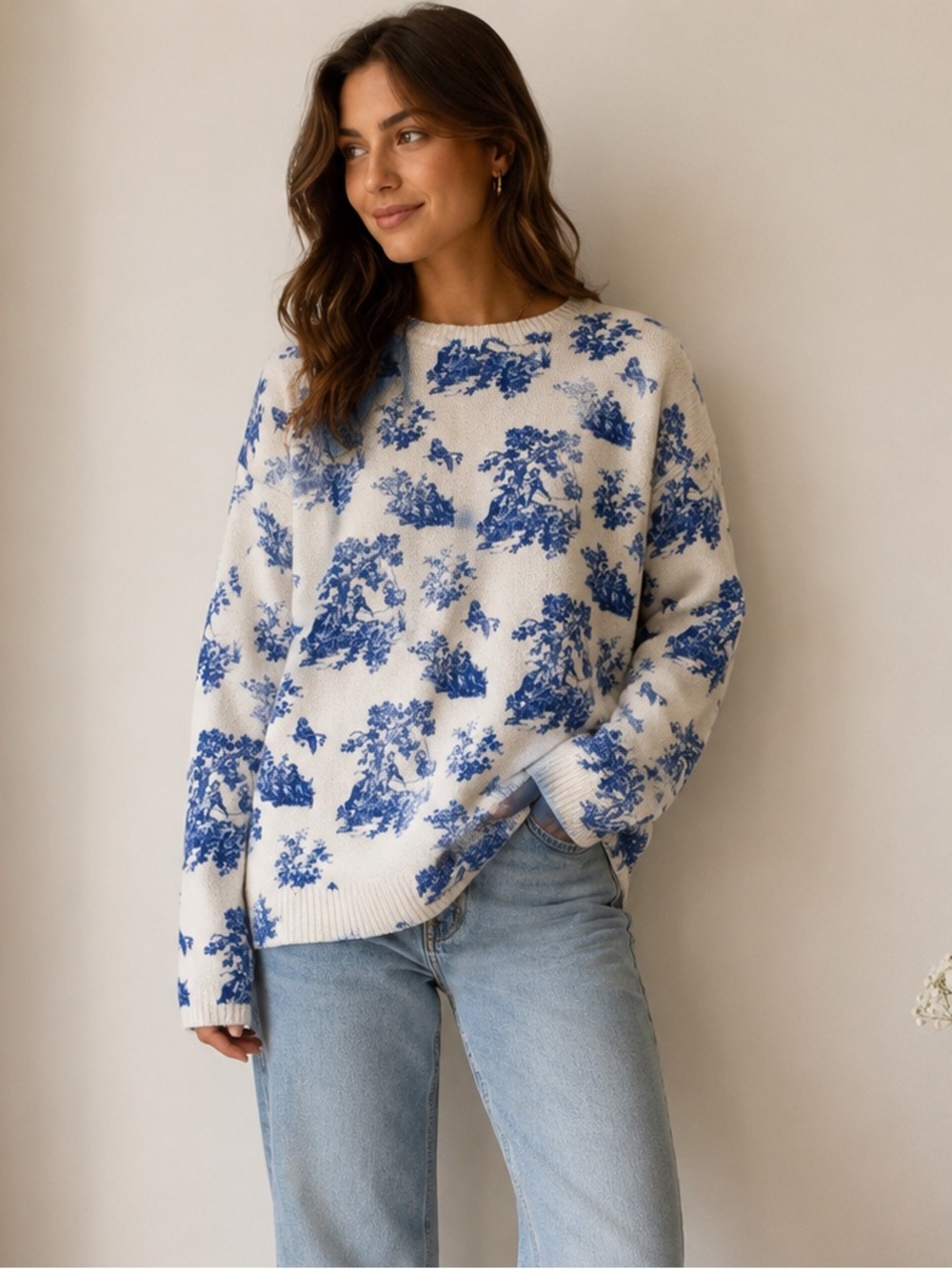 Cider Blue & White Toile Print Sweater Size S Oversized-Cottagecore Coastal Knit